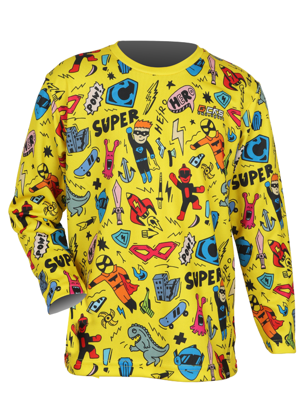 Jersey-2-1.png Jersey Anak motif Lucu Doodle Kuning Super Hero