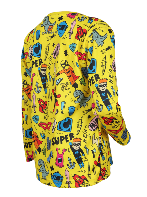 Jersey-2-3.png Jersey Anak motif Lucu Doodle Kuning Super Hero