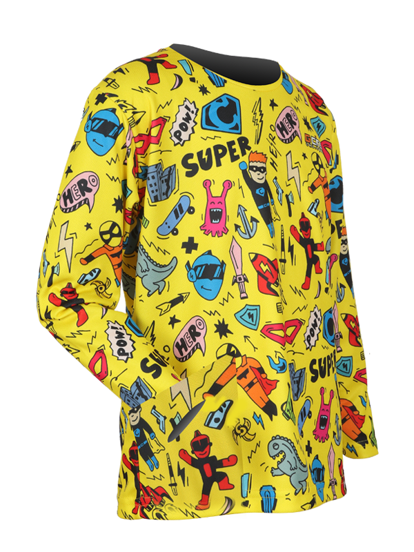 Jersey-2-4.png Jersey Anak motif Lucu Doodle Kuning Super Hero