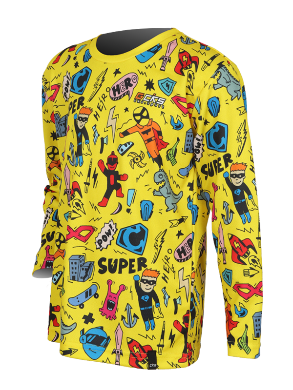 Jersey-2-5.png Jersey Anak motif Lucu Doodle Kuning Super Hero